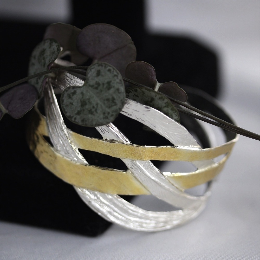 Uno Alla Volta Israeli Sterling Silver Gold Plated Hammered Layered Cuff